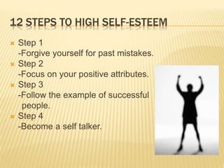 12 STEPS TO HIGH SELF-ESTEEM
 Step 1
-Forgive yourself for past mistakes.
 Step 2
-Focus on your positive attributes.
 Step 3
-Follow the example of successful
people.
 Step 4
-Become a self talker.
 