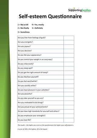 Self Esteem Questionnaire
1 = Not at All
2 = Not Really
3 = Sometimes
4 = Yes, mostly
5 = Definitely
1. Are you free from feelings of guilt?
2. Are you energetic?
3. Are you joyous?
4. Are you decisive?
5. Do you like your appearance?
6. Do you control your weight in an easy way?
7. Do you relax easily?
8. Do you sleep well?
9. Do you get the right amount of sleep?
10. Do you like/love yourself?
11. Do you feel worthwhile?
 