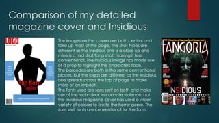 Comparison of my detailed 
magazine cover and Insidious 
The images on the covers are both central and 
take up most of the page. The shot types are 
different as the Insidious one is a close up and 
mine is a mid shot/long shot, making it less 
conventional. The Insidious image has made use 
of a prop to highlight the characters face. 
The barcodes are both in the same conventional 
places, but the logos are different as the Insidious 
one spreads across the top of page to make 
more of an impact. 
The fonts used are sans serif on both and make 
use of the red colour to connote violence, but 
the Insidious magazine cover has used a wider 
variety of colours to link to the horror genre. The 
sans serif fonts are conventional for the form. 
 