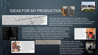 IDEAS FOR MY PRODUCTION… 
This image of the school location from Carrie tells us that our 
production will be conventional and successful due to previous 
success. A school setting is appealing to our target audience as several 
of them are teenagers, who would then identify with the characters in 
the film and their social environment. 
Paranormal activity is a previous successful horror film similar to ours that 
uses low key lighting and cameras as a prop. Camera’s are conventional for 
psychological/found footage horror films as it offers a scare factor of 
previous demonic events that have happened. We are using this feature in 
our production as our target audience said that they found this appealing. 
Previous success of this also tells us that we are following the conventions 
of the horror genre, helping to build up suspense within the trailer. 
There has been a use of rocking 
chairs in previous films such as The 
Conjuring, which was conventional for 
the horror genre due to its slow 
rocking movement, especially when no 
one can be seen sitting on the chair. 
This tells me that our product will offer 
scare factor to the target audience. 
 