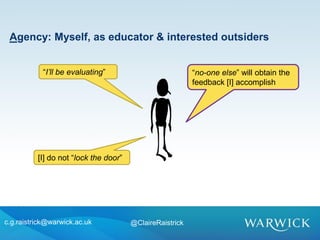 c.g.raistrick@warwick.ac.uk @ClaireRaistrick
Agency: Myself, as educator & interested outsiders
“no-one else” will obtain the
feedback [I] accomplish
[I] do not “lock the door”
“I’ll be evaluating”
 