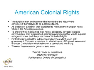 American Colonial Rights The English men and women who traveled to the New World considered themselves to be English citizens. As citizens of England, they expected to maintain their English rights while in the American colonies. To ensure they maintained their rights, especially in vastly isolated communities, they established colonial governments that would support self-government and the protection of individual rights.  Protestantism called for independent churches which used self-government. This was a contrast to what citizens of England were used to under Catholicism which relies on a centralized hierarchy. Three of these colonial governments were: Virginia House of Burgesses Mayflower Compact Fundamental Orders of Connecticut 