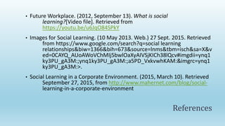 • Future Workplace. (2012, September 13). What is social
learning?[Video file]. Retrieved from
https://youtu.be/u6JqO84SPkY
• Images for Social Learning. (10 May 2013. Web.) 27 Sept. 2015. Retrieved
from https://www.google.com/search?q=social learning
relationships&biw=1366&bih=673&source=lnms&tbm=isch&sa=X&v
ed=0CAYQ_AUoAWoVChMIj5bwlOaXyAIVSjKICh38lQcv#imgdii=ynq1
ky3PU_gA3M:;ynq1ky3PU_gA3M:;a5PD_VxkvwhKAM:&imgrc=ynq1
ky3PU_gA3M:>.
• Social Learning in a Corporate Environment. (2015, March 10). Retrieved
September 27, 2015, from http://www.mahernet.com/blog/social-
learning-in-a-corporate-environment
References
 