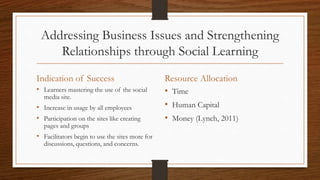 Addressing Business Issues and Strengthening
Relationships through Social Learning
Indication of Success
• Learners mastering the use of the social
media site.
• Increase in usage by all employees
• Participation on the sites like creating
pages and groups
• Facilitators begin to use the sites more for
discussions, questions, and concerns.
Resource Allocation
• Time
• Human Capital
• Money (Lynch, 2011)
 