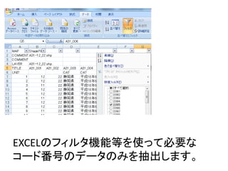 EXCELのフィルタ機能等を使って必要な
コード番号のデータのみを抽出します。
 