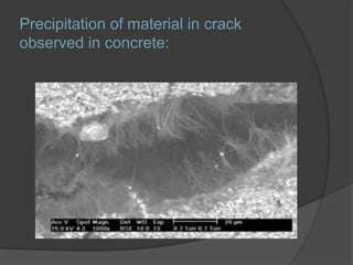 Precipitation of material in crack
observed in concrete:
 