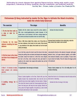 Self-healing for chronic diseases from applying Papaya leaf juice, baking soda, aspirin, sugar,
temperature, Vietnamese Qi Gong, breathing, exercise, metabolism, and traditional medicine.
Van Duy Dao – Trainer, Author of Awaken You Wonderful We.
Source: Awakenyouwonderfulwe.com Khicongydaovietnam.wordpress.com 5/4
 