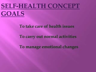 SELF-HEALTH CONCEPT
GOALS
To take care of health issues
To carry out normal activities
To manage emotional changes
 