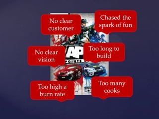 Incredible high conceptChased the spark of funSomething for everyoneNo clear customerLots of anticipationToo long to buildImpossible to labelNo clear visionOps, CS, etc. all built outToo many cooksLarge talented teamToo high a burn rate