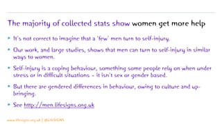 The majority of collected stats show women get more help
▸ It’s not correct to imagine that a ‘few’ men turn to self-injur...