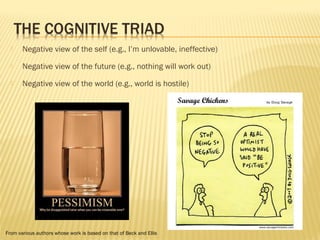  Negative view of the self (e.g., I’m unlovable, ineffective) 
 Negative view of the future (e.g., nothing will work out) 
 Negative view of the world (e.g., world is hostile) 
From various authors whose work is based on that of Beck and Ellis 
 