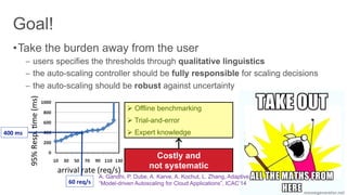 Ø Offline benchmarking
Ø Trial-and-error
Ø Expert knowledge
Costly and
not systematic
A. Gandhi, P. Dube, A. Karve, A. Kochut, L. Zhang, Adaptive,
“Model-driven Autoscaling for Cloud Applications”, ICAC’14
arrival	
  rate	
  (req/s)	
  
95%	
  Resp.	
  :me	
  (ms)	
  
400	
  ms	
  	
  
60	
  req/s	
  
 