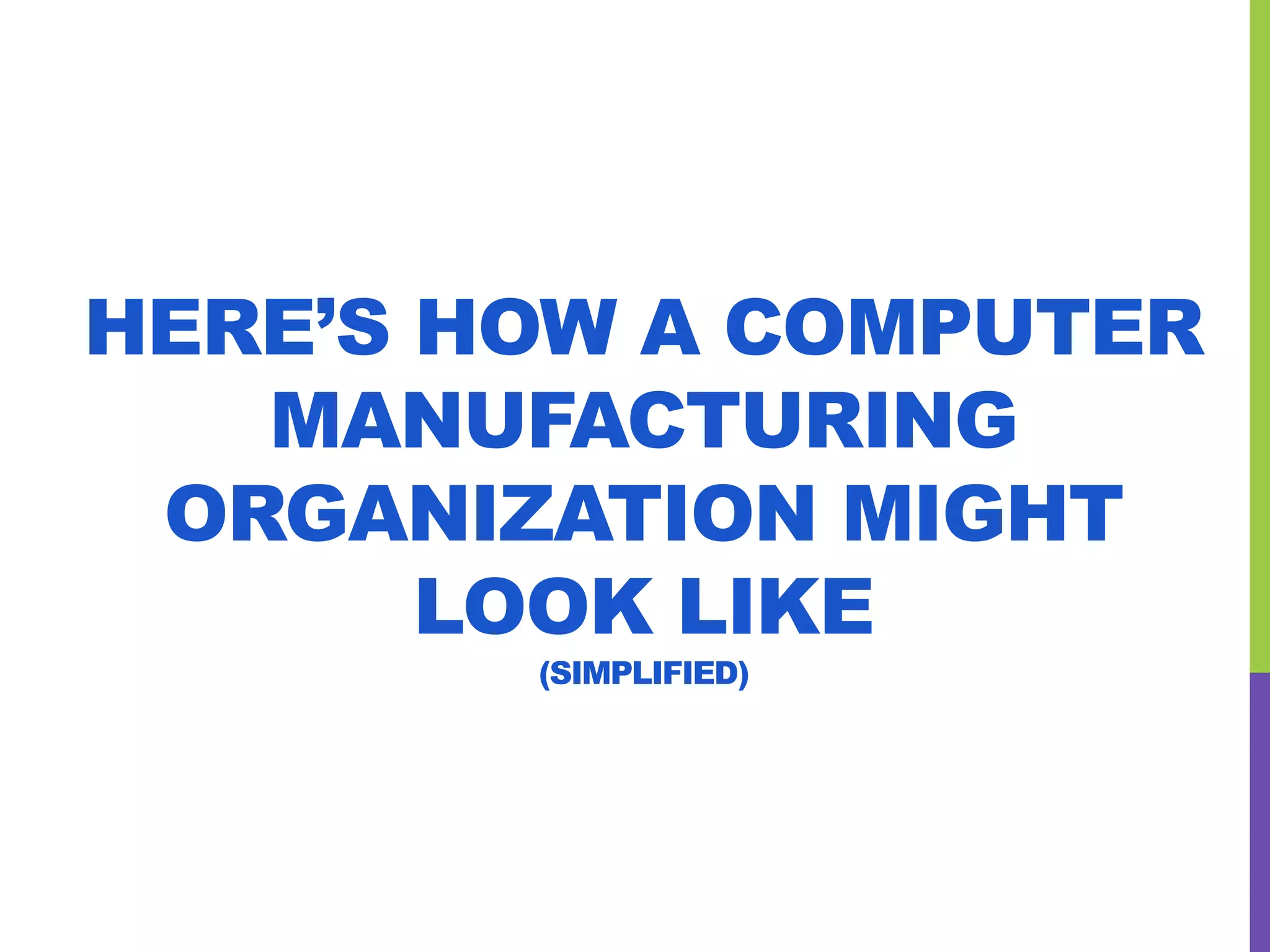HERE’S HOW A COMPUTER
MANUFACTURING
ORGANIZATION MIGHT
LOOK LIKE
(SIMPLIFIED)
 