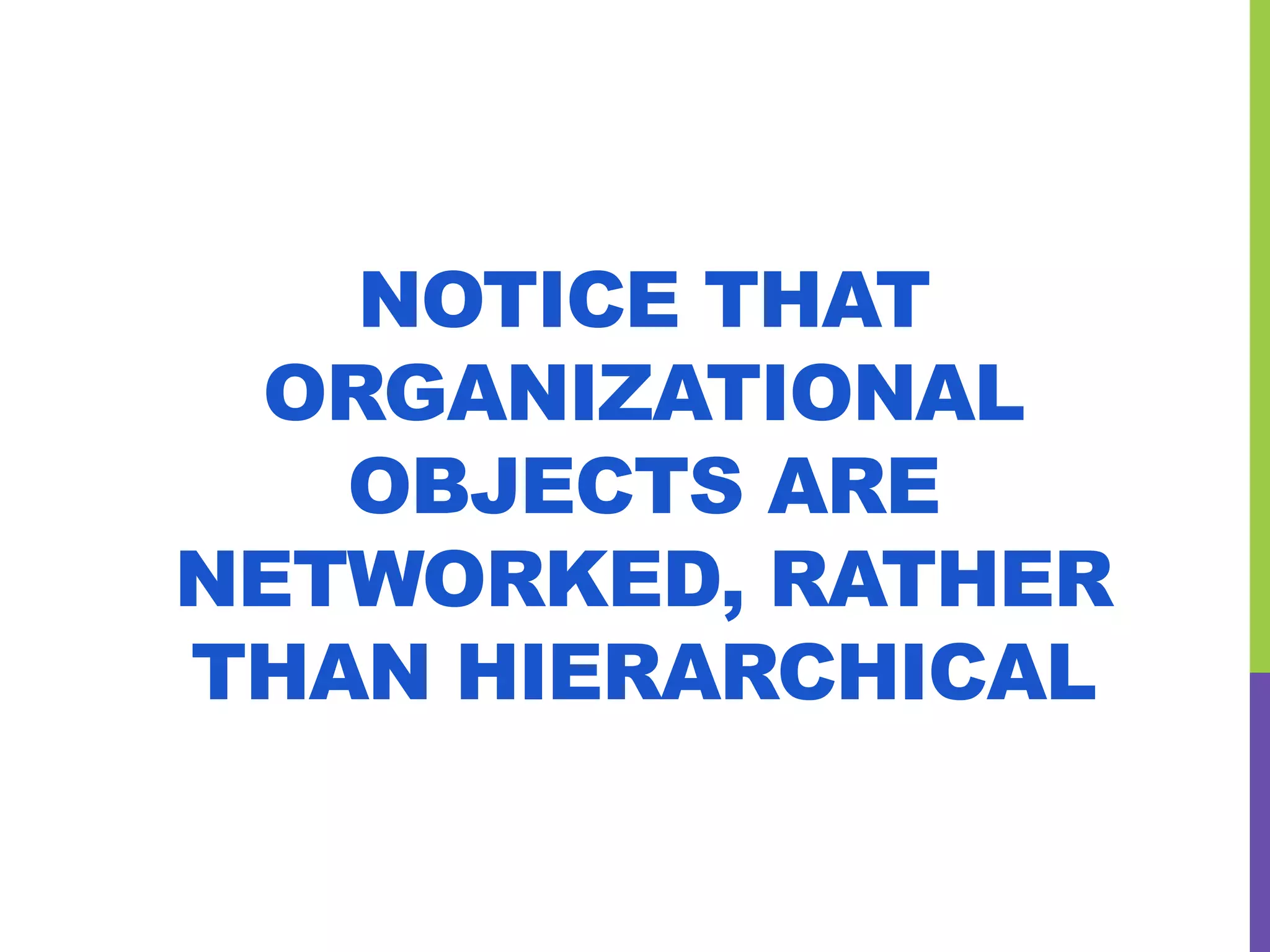 NOTICE THAT
ORGANIZATIONAL
OBJECTS ARE
NETWORKED, RATHER
THAN HIERARCHICAL
 