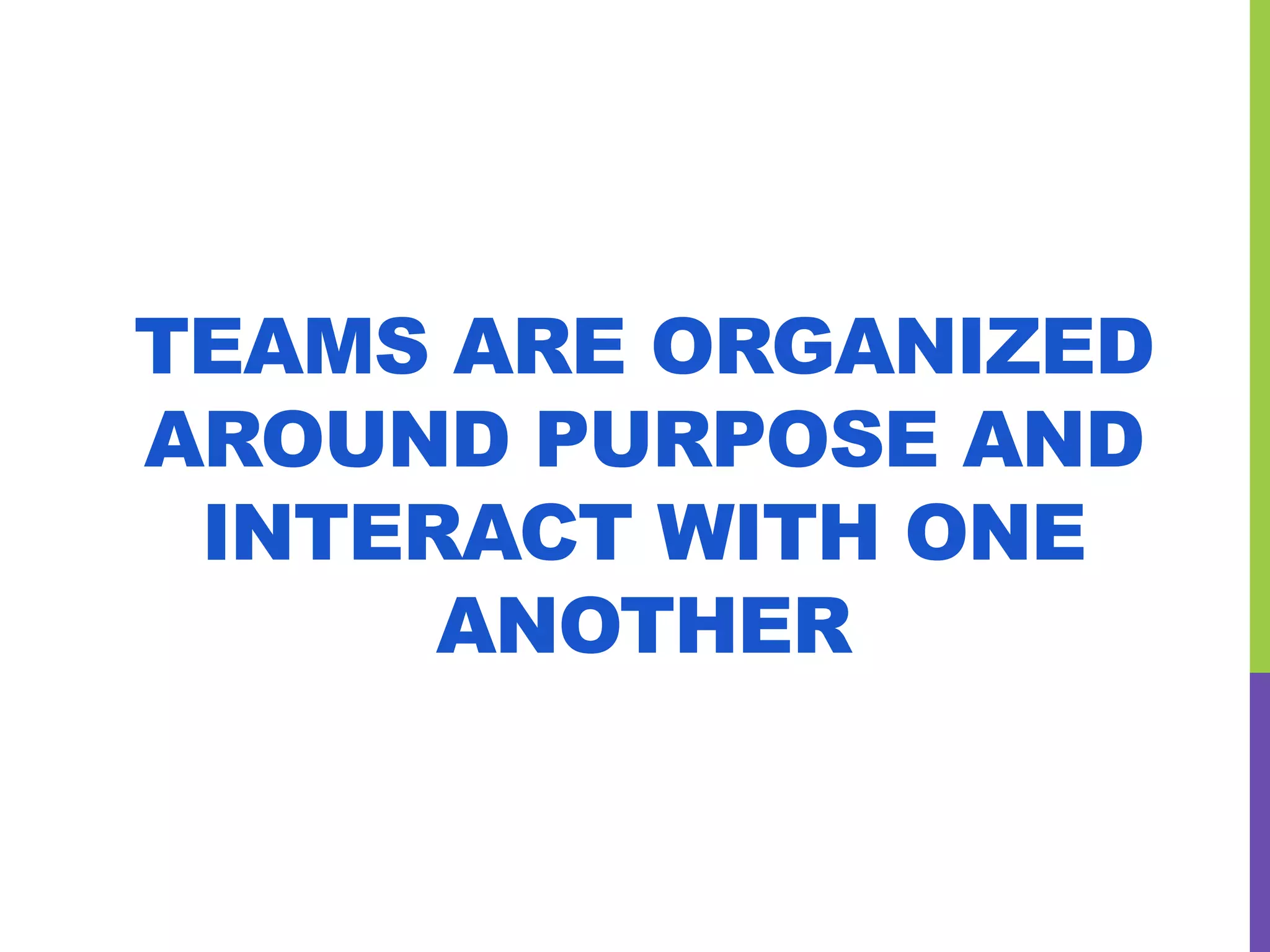 TEAMS ARE ORGANIZED
AROUND PURPOSE AND
INTERACT WITH ONE
ANOTHER
 