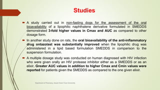 Studies
 A study carried out in non-fasting dogs for the assessment of the oral
bioavailability of a lipophilic naphthalene derivative formulated in SMEDDS
demonstrated 3-fold higher values in Cmax and AUC as compared to other
dosage form.
 In another study done on rats, the oral bioavailability of the anti-inflammatory
drug ontazolast was substantially improved when the lipophilic drug was
administered in a lipid based formulation SMEDDS in comparison to the
suspension formulation.
 A multiple dosage study was conducted on human diagnosed with HIV infection
who were given orally an HIV protease inhibitor either as a SMEDDS or as an
elixir. Greater AUC values in addition to higher Cmax and Cmin values were
reported for patients given the SMEDDS as compared to the one given elixir.
Department of Pharmacy, Assam Down Town University
 