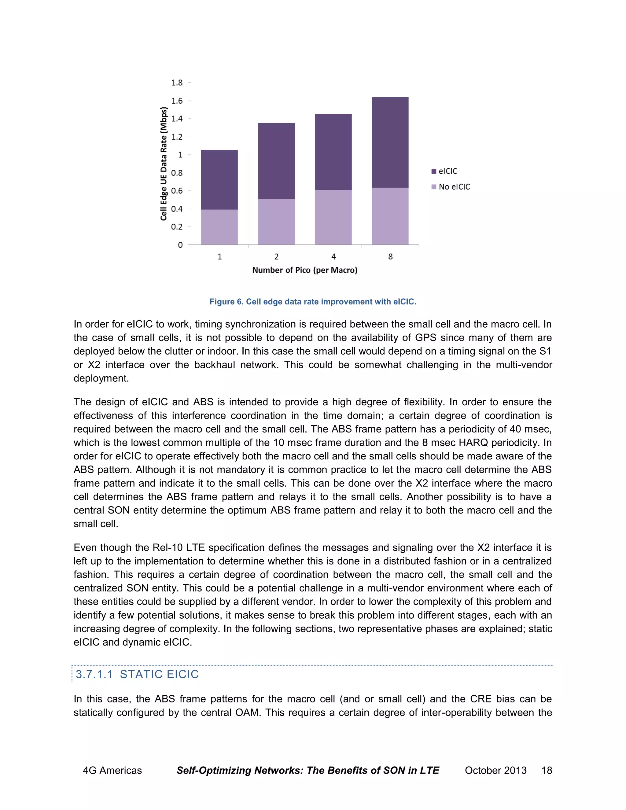 Figure 6. Cell edge data rate improvement with eICIC.

In order for eICIC to work, timing synchronization is required between the small cell and the macro cell. In
the case of small cells, it is not possible to depend on the availability of GPS since many of them are
deployed below the clutter or indoor. In this case the small cell would depend on a timing signal on the S1
or X2 interface over the backhaul network. This could be somewhat challenging in the multi-vendor
deployment.
The design of eICIC and ABS is intended to provide a high degree of flexibility. In order to ensure the
effectiveness of this interference coordination in the time domain; a certain degree of coordination is
required between the macro cell and the small cell. The ABS frame pattern has a periodicity of 40 msec,
which is the lowest common multiple of the 10 msec frame duration and the 8 msec HARQ periodicity. In
order for eICIC to operate effectively both the macro cell and the small cells should be made aware of the
ABS pattern. Although it is not mandatory it is common practice to let the macro cell determine the ABS
frame pattern and indicate it to the small cells. This can be done over the X2 interface where the macro
cell determines the ABS frame pattern and relays it to the small cells. Another possibility is to have a
central SON entity determine the optimum ABS frame pattern and relay it to both the macro cell and the
small cell.
Even though the Rel-10 LTE specification defines the messages and signaling over the X2 interface it is
left up to the implementation to determine whether this is done in a distributed fashion or in a centralized
fashion. This requires a certain degree of coordination between the macro cell, the small cell and the
centralized SON entity. This could be a potential challenge in a multi-vendor environment where each of
these entities could be supplied by a different vendor. In order to lower the complexity of this problem and
identify a few potential solutions, it makes sense to break this problem into different stages, each with an
increasing degree of complexity. In the following sections, two representative phases are explained; static
eICIC and dynamic eICIC.

3.7.1.1 STATIC EICIC
In this case, the ABS frame patterns for the macro cell (and or small cell) and the CRE bias can be
statically configured by the central OAM. This requires a certain degree of inter-operability between the

4G Americas

Self-Optimizing Networks: The Benefits of SON in LTE

October 2013

18

 
