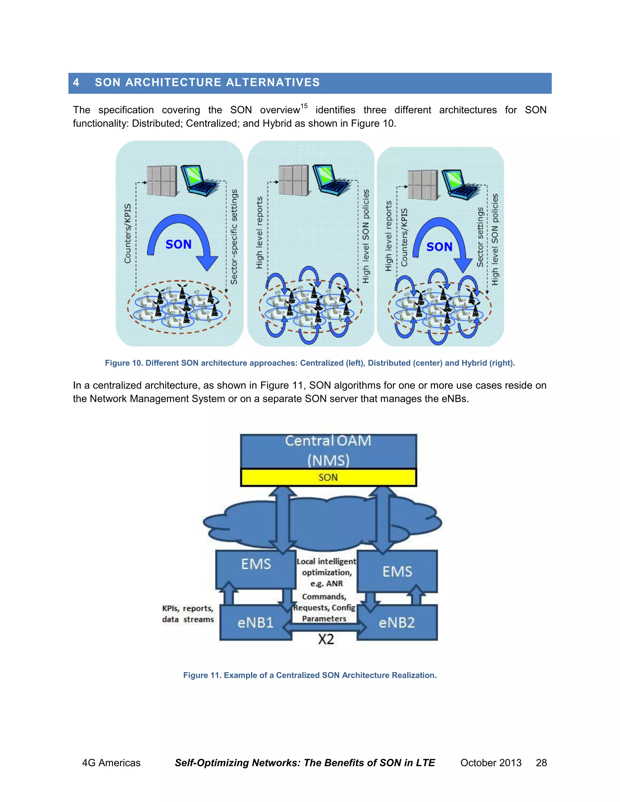 4

SON ARCHITECTURE ALTERNATIVES
15

The specification covering the SON overview
identifies three different architectures for SON
functionality: Distributed; Centralized; and Hybrid as shown in Figure 10.

Figure 10. Different SON architecture approaches: Centralized (left), Distributed (center) and Hybrid (right).

In a centralized architecture, as shown in Figure 11, SON algorithms for one or more use cases reside on
the Network Management System or on a separate SON server that manages the eNBs.

Figure 11. Example of a Centralized SON Architecture Realization.

4G Americas

Self-Optimizing Networks: The Benefits of SON in LTE

October 2013

28

 