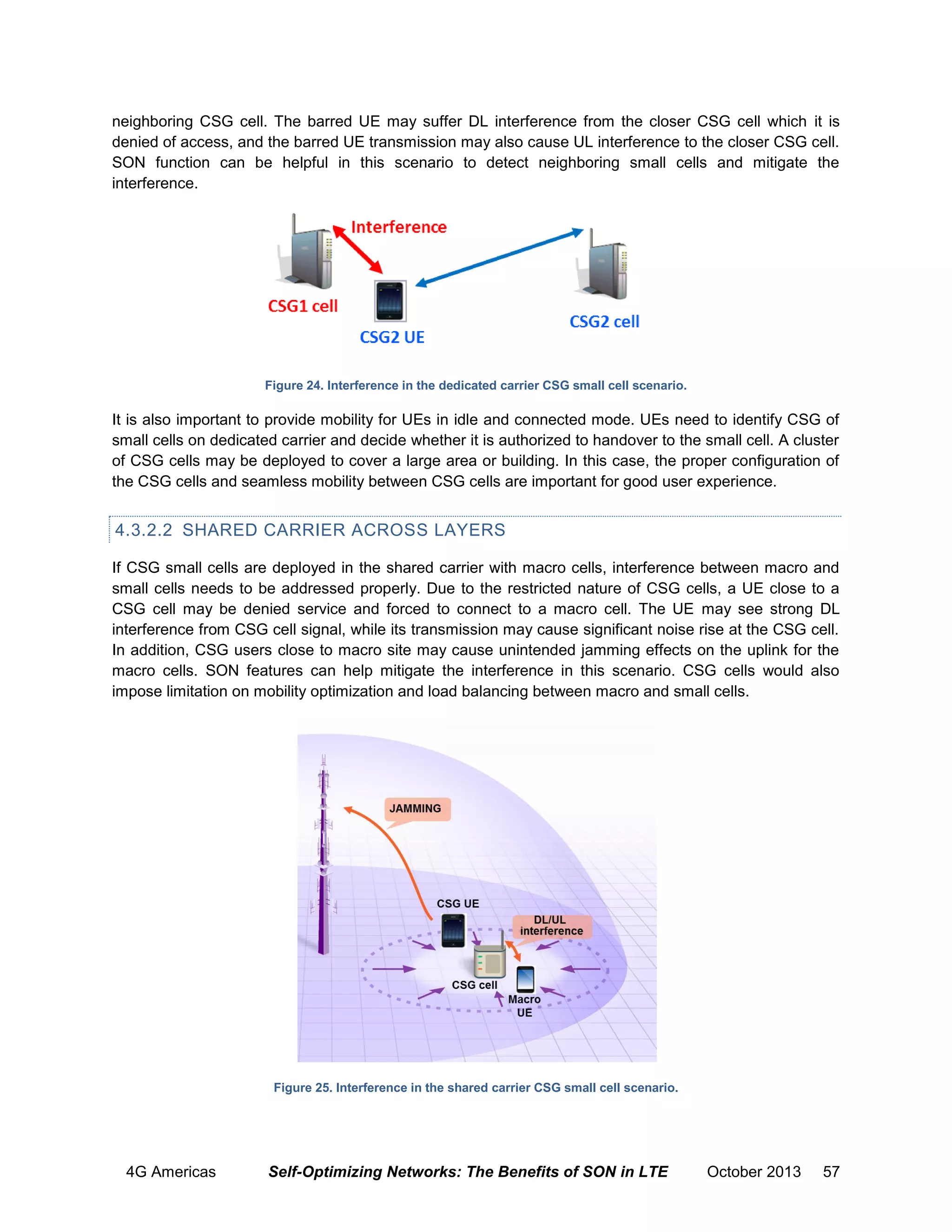 neighboring CSG cell. The barred UE may suffer DL interference from the closer CSG cell which it is
denied of access, and the barred UE transmission may also cause UL interference to the closer CSG cell.
SON function can be helpful in this scenario to detect neighboring small cells and mitigate the
interference.

Figure 24. Interference in the dedicated carrier CSG small cell scenario.

It is also important to provide mobility for UEs in idle and connected mode. UEs need to identify CSG of
small cells on dedicated carrier and decide whether it is authorized to handover to the small cell. A cluster
of CSG cells may be deployed to cover a large area or building. In this case, the proper configuration of
the CSG cells and seamless mobility between CSG cells are important for good user experience.

4.3.2.2 SHARED CARRIER ACROSS LAYERS
If CSG small cells are deployed in the shared carrier with macro cells, interference between macro and
small cells needs to be addressed properly. Due to the restricted nature of CSG cells, a UE close to a
CSG cell may be denied service and forced to connect to a macro cell. The UE may see strong DL
interference from CSG cell signal, while its transmission may cause significant noise rise at the CSG cell.
In addition, CSG users close to macro site may cause unintended jamming effects on the uplink for the
macro cells. SON features can help mitigate the interference in this scenario. CSG cells would also
impose limitation on mobility optimization and load balancing between macro and small cells.

Figure 25. Interference in the shared carrier CSG small cell scenario.

4G Americas

Self-Optimizing Networks: The Benefits of SON in LTE

October 2013

57

 