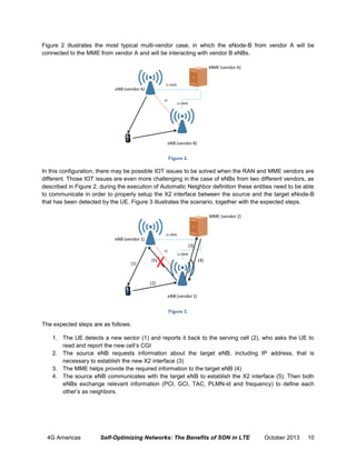 Figure 2 illustrates the most typical multi-vendor case, in which the eNode-B from vendor A will be
connected to the MME from vendor A and will be interacting with vendor B eNBs.

Figure 2.

In this configuration, there may be possible IOT issues to be solved when the RAN and MME vendors are
different. Those IOT issues are even more challenging in the case of eNBs from two different vendors, as
described in Figure 2, during the execution of Automatic Neighbor definition these entities need to be able
to communicate in order to properly setup the X2 interface between the source and the target eNode-B
that has been detected by the UE. Figure 3 illustrates the scenario, together with the expected steps.

Figure 3.

The expected steps are as follows:
1. The UE detects a new sector (1) and reports it back to the serving cell (2), who asks the UE to
read and report the new cell’s CGI
2. The source eNB requests information about the target eNB, including IP address, that is
necessary to establish the new X2 interface (3)
3. The MME helps provide the required information to the target eNB (4)
4. The source eNB communicates with the target eNB to establish the X2 interface (5). Then both
eNBs exchange relevant information (PCI, GCI, TAC, PLMN-id and frequency) to define each
other’s as neighbors.

4G Americas

Self-Optimizing Networks: The Benefits of SON in LTE

October 2013

10

 