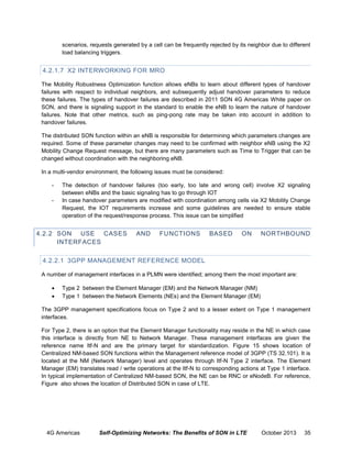 scenarios, requests generated by a cell can be frequently rejected by its neighbor due to different
load balancing triggers.

4.2.1.7 X2 INTERWORKING FOR MRO
The Mobility Robustness Optimization function allows eNBs to learn about different types of handover
failures with respect to individual neighbors, and subsequently adjust handover parameters to reduce
these failures. The types of handover failures are described in 2011 SON 4G Americas White paper on
SON, and there is signaling support in the standard to enable the eNB to learn the nature of handover
failures. Note that other metrics, such as ping-pong rate may be taken into account in addition to
handover failures.
The distributed SON function within an eNB is responsible for determining which parameters changes are
required. Some of these parameter changes may need to be confirmed with neighbor eNB using the X2
Mobility Change Request message, but there are many parameters such as Time to Trigger that can be
changed without coordination with the neighboring eNB.
In a multi-vendor environment, the following issues must be considered:
-

The detection of handover failures (too early, too late and wrong cell) involve X2 signaling
between eNBs and the basic signaling has to go through IOT
In case handover parameters are modified with coordination among cells via X2 Mobility Change
Request, the IOT requirements increase and some guidelines are needed to ensure stable
operation of the request/response process. This issue can be simplified

4.2.2 SON USE CASES
INTERFACES

AND

FUNCTIONS

BASED

ON

NORTHBOUND

4.2.2.1 3GPP MANAGEMENT REFERENCE MODEL
A number of management interfaces in a PLMN were identified; among them the most important are:



Type 2 between the Element Manager (EM) and the Network Manager (NM)
Type 1 between the Network Elements (NEs) and the Element Manager (EM)

The 3GPP management specifications focus on Type 2 and to a lesser extent on Type 1 management
interfaces.
For Type 2, there is an option that the Element Manager functionality may reside in the NE in which case
this interface is directly from NE to Network Manager. These management interfaces are given the
reference name Itf-N and are the primary target for standardization. Figure 15 shows location of
Centralized NM-based SON functions within the Management reference model of 3GPP (TS 32.101). It is
located at the NM (Network Manager) level and operates through Itf-N Type 2 interface. The Element
Manager (EM) translates read / write operations at the Itf-N to corresponding actions at Type 1 interface.
In typical implementation of Centralized NM-based SON, the NE can be RNC or eNodeB. For reference,
Figure also shows the location of Distributed SON in case of LTE.

4G Americas

Self-Optimizing Networks: The Benefits of SON in LTE

October 2013

35

 