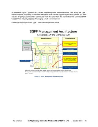 As denoted in Figure , typically DM (EM) are supplied by same vendor as the NE. This is why the Type 1
interface can be proprietary. Centralized NM-based SON can be supplied by the RAN vendor, but there
rd
are also 3 party suppliers of the Centralized SON. It is clear from the architecture that Centralized NMbased SON is naturally capable of managing a multi-vendor network.
Further details of Type 1 and Type 2 interfaces can be found below.

Figure 15. 3GPP Management Reference Model.

4G Americas

Self-Optimizing Networks: The Benefits of SON in LTE

October 2013

36

 