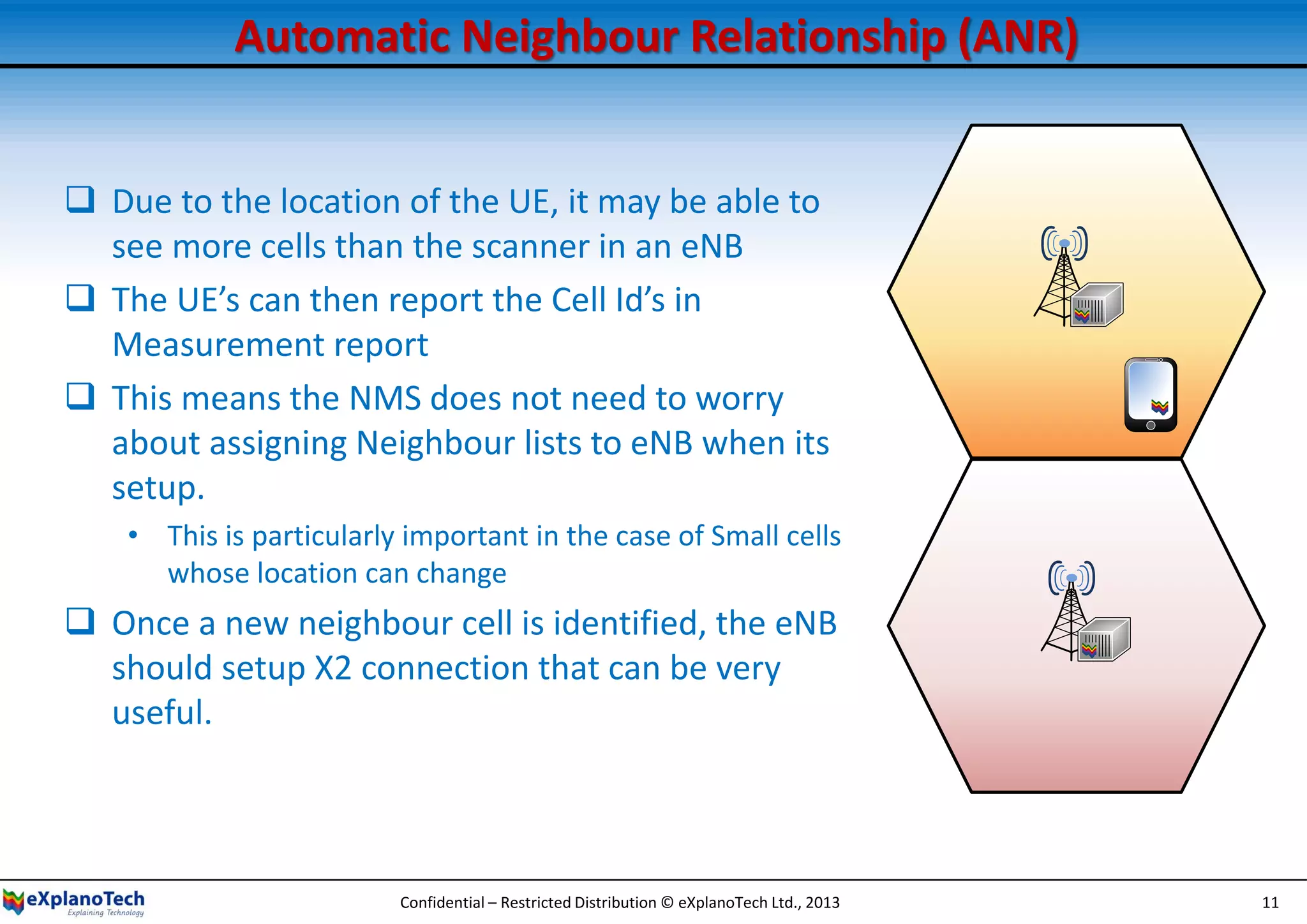 Automatic Neighbour Relationship (ANR)
 Due to the location of the UE, it may be able to
see more cells than the scanner in an eNB
 The UE’s can then report the Cell Id’s in
Measurement report
 This means the NMS does not need to worry
about assigning Neighbour lists to eNB when its
setup.
• This is particularly important in the case of Small cells
whose location can change
 Once a new neighbour cell is identified, the eNB
should setup X2 connection that can be very
useful.
Confidential – Restricted Distribution © eXplanoTech Ltd., 2013 11
 