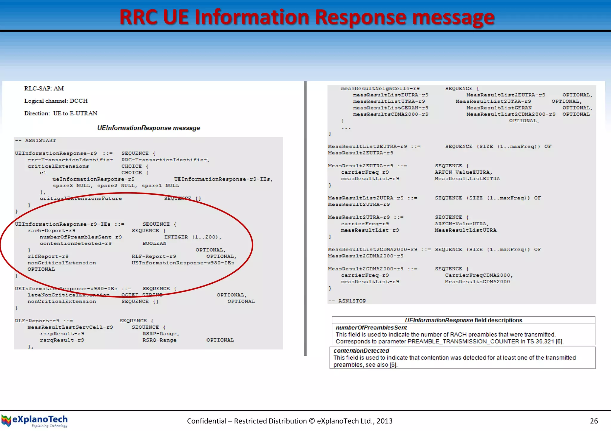 RRC UE Information Response message
Confidential – Restricted Distribution © eXplanoTech Ltd., 2013 26
 