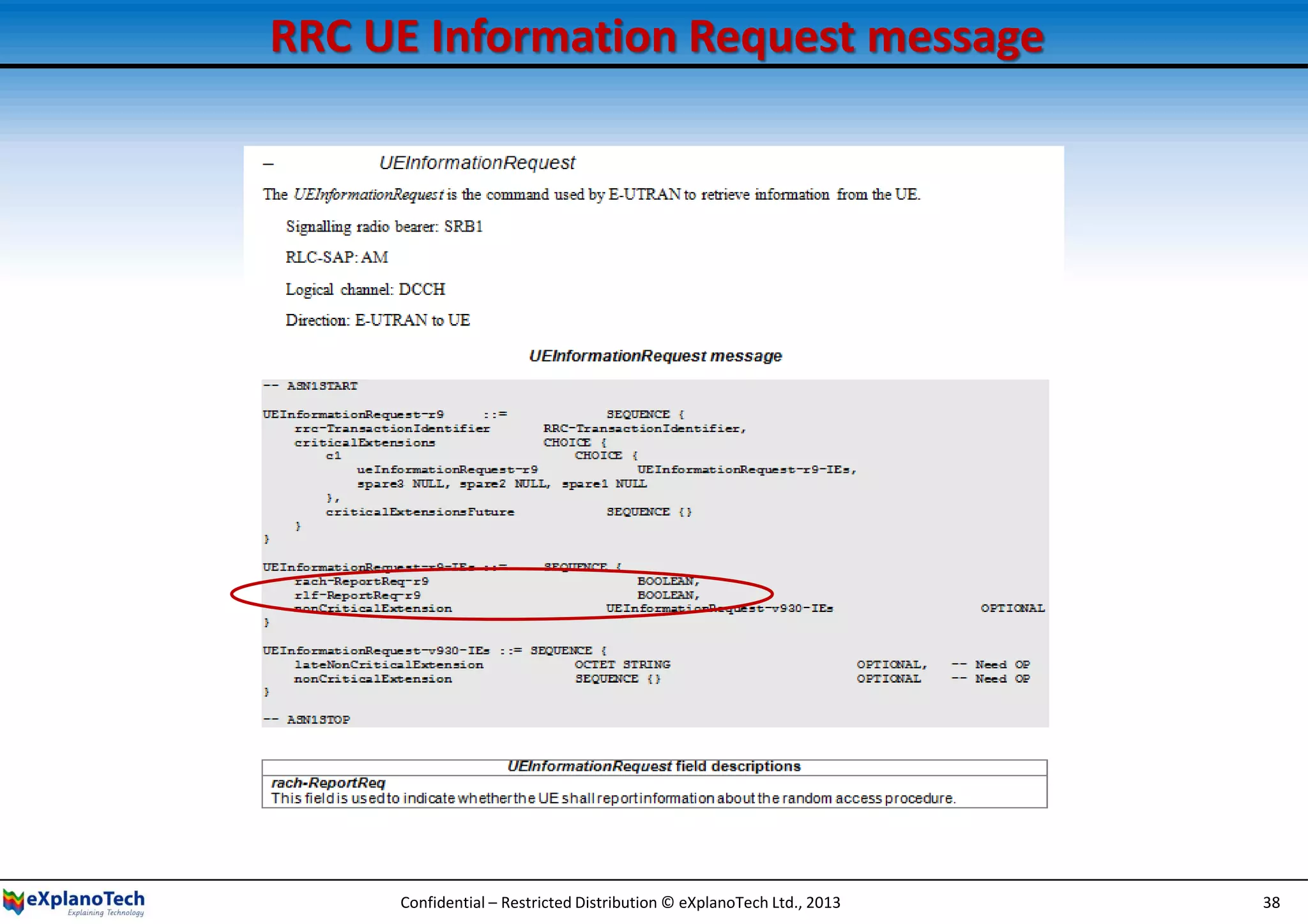 RRC UE Information Request message
Confidential – Restricted Distribution © eXplanoTech Ltd., 2013 38
 