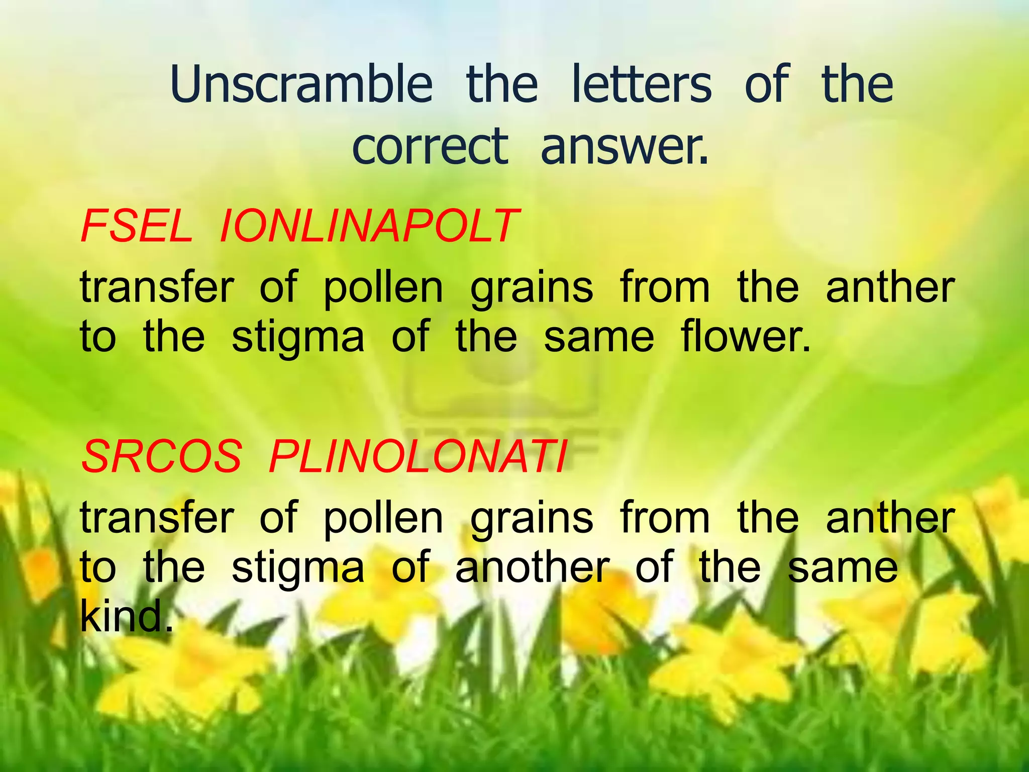 Unscramble the letters of the 
Unscramble the letters of the 
correct answer. 
correct answer. 
SRCOS PLINOLONATI transfer of pollen 
grains from the anther to the stigma of 
the same flower. 
FSEL IONLINAPOLT 
transfer of pollen grains from the anther 
to the stigma of the same flower. 
FSEL IONLINAPOLT transfer of pollen 
grains from the anther to the stigma of 
another of the same kind. 
SRCOS PLINOLONATI 
transfer of pollen grains from the anther 
to the stigma of another of the same 
kind. 
 