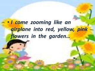 • I come zooming like an 
airplane into red, yellow, pink 
flowers in the garden… 
• I come zooming like an 
airplane into red, yellow, pink 
flowers in the garden… 
 