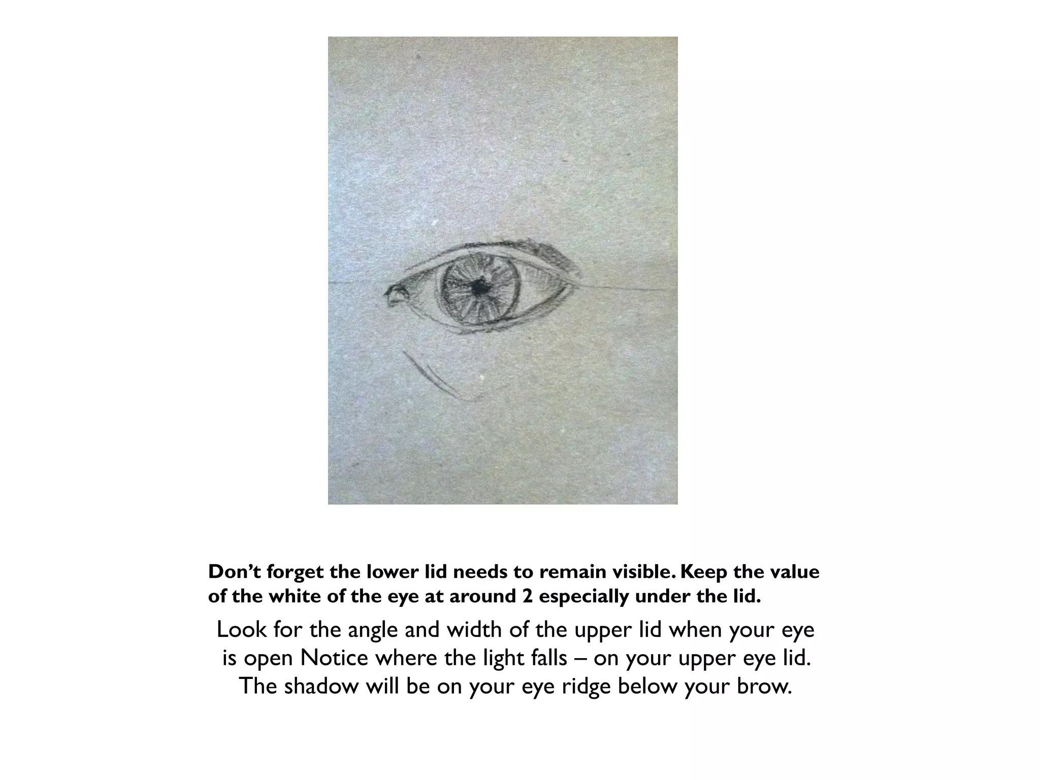 Don’t forget the lower lid needs to remain visible. Keep the value
of the white of the eye at around 2 especially under the lid.
Look for the angle and width of the upper lid when your eye
is open Notice where the light falls – on your upper eye lid.
  The shadow will be on your eye ridge below your brow.
 