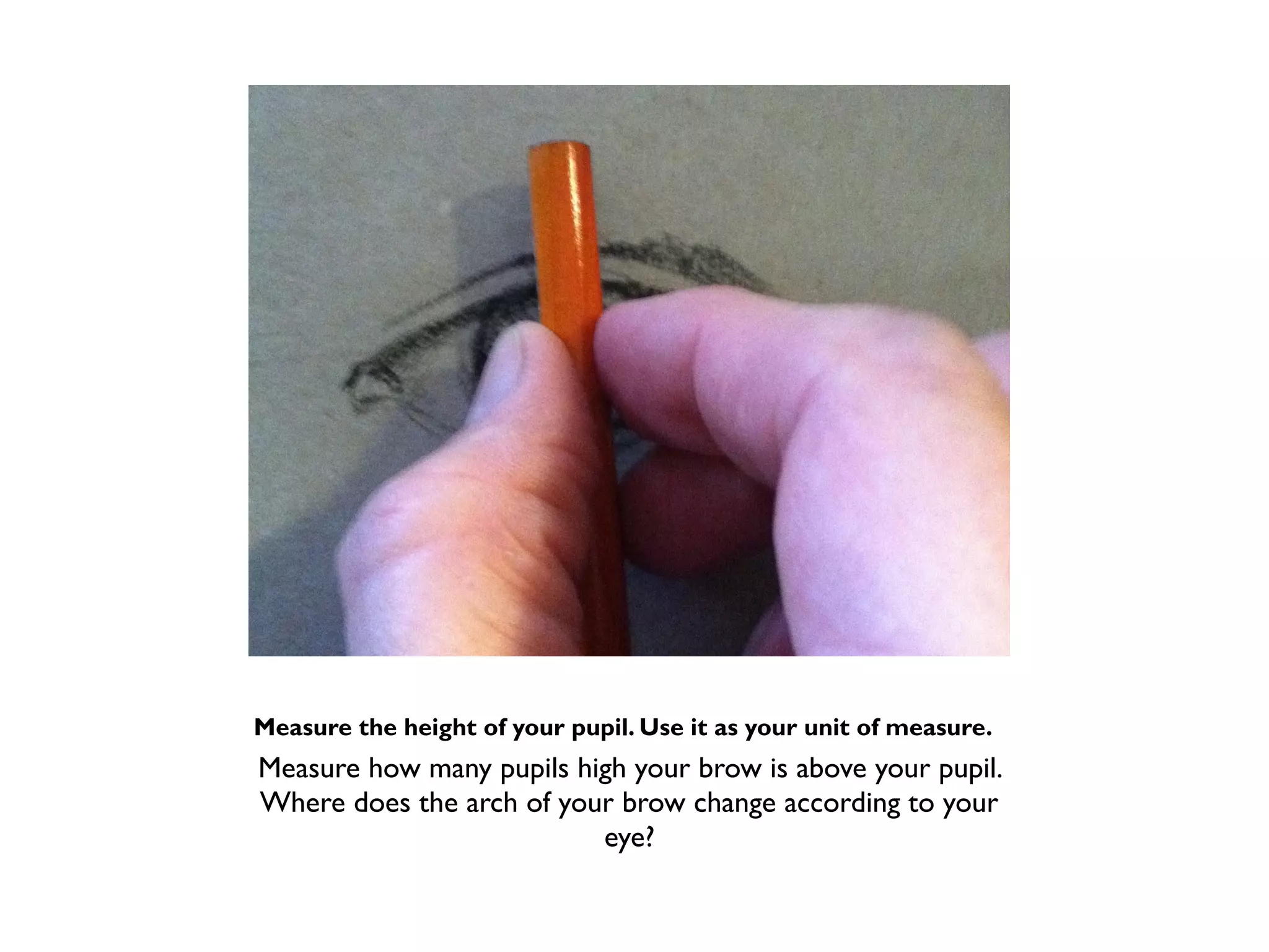 Measure the height of your pupil. Use it as your unit of measure.
Measure how many pupils high your brow is above your pupil.
Where does the arch of your brow change according to your
                          eye?
 