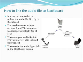 How to link the audio file to Blackboard <ul><li>It is not recommended to upload the audio file directly to Blackboard </l...