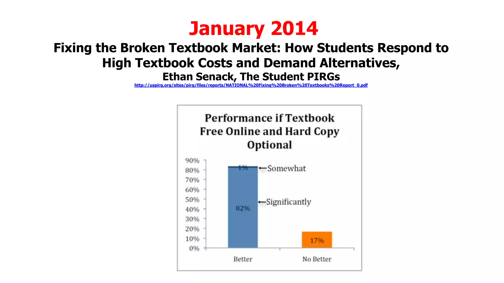 January 2014
Fixing the Broken Textbook Market: How Students Respond to
High Textbook Costs and Demand Alternatives,
Ethan Senack, The Student PIRGs

http://uspirg.org/sites/pirg/files/reports/NATIONAL%20Fixing%20Broken%20Textbooks%20Report_0.pdf

 