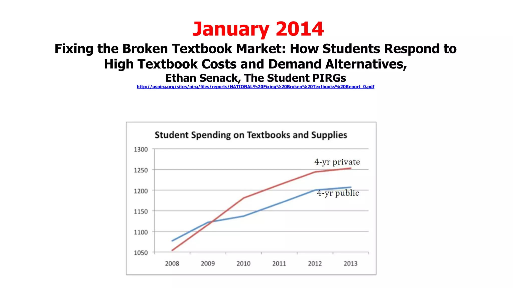 January 2014
Fixing the Broken Textbook Market: How Students Respond to
High Textbook Costs and Demand Alternatives,
Ethan Senack, The Student PIRGs

http://uspirg.org/sites/pirg/files/reports/NATIONAL%20Fixing%20Broken%20Textbooks%20Report_0.pdf

 