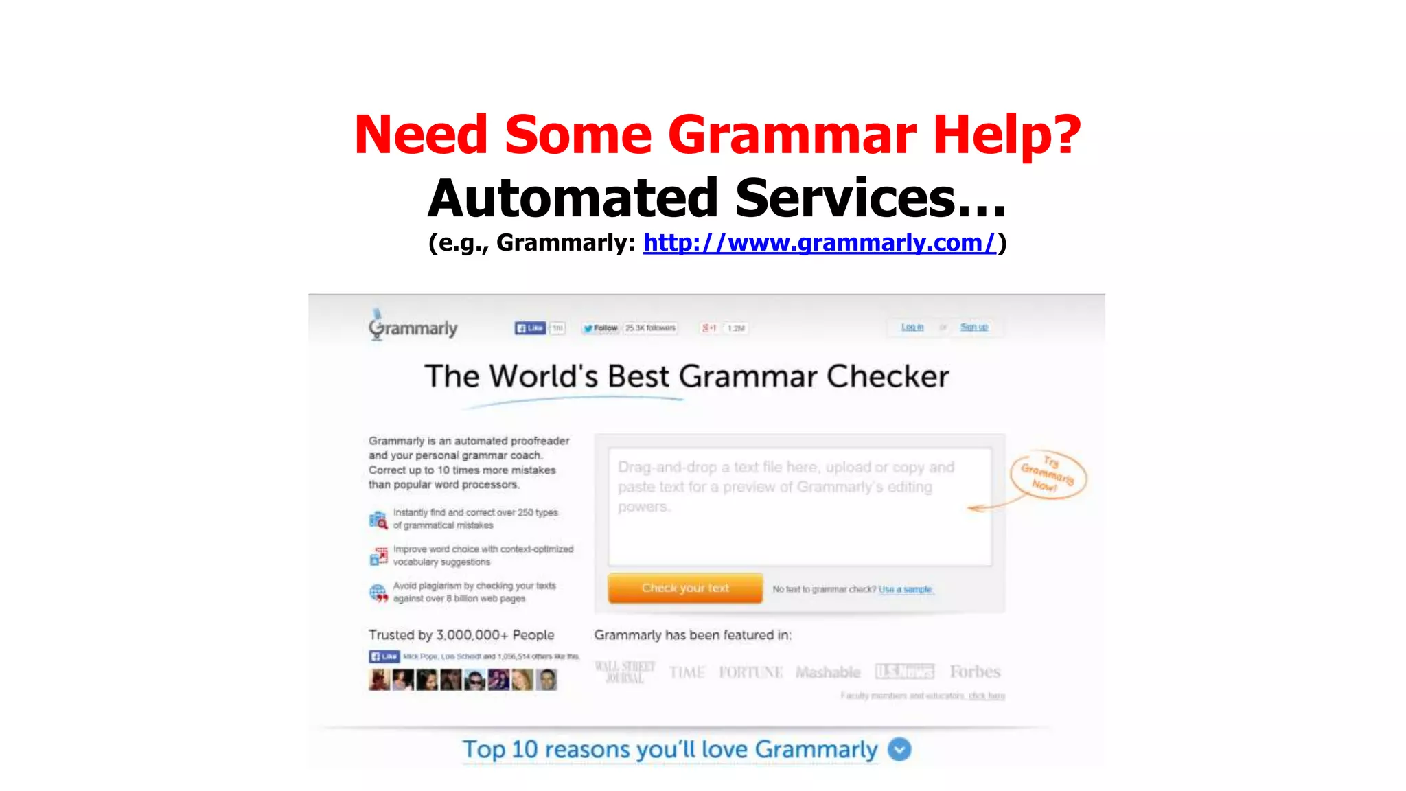 Need Some Grammar Help?
Automated Services…
(e.g., Grammarly: http://www.grammarly.com/)

 