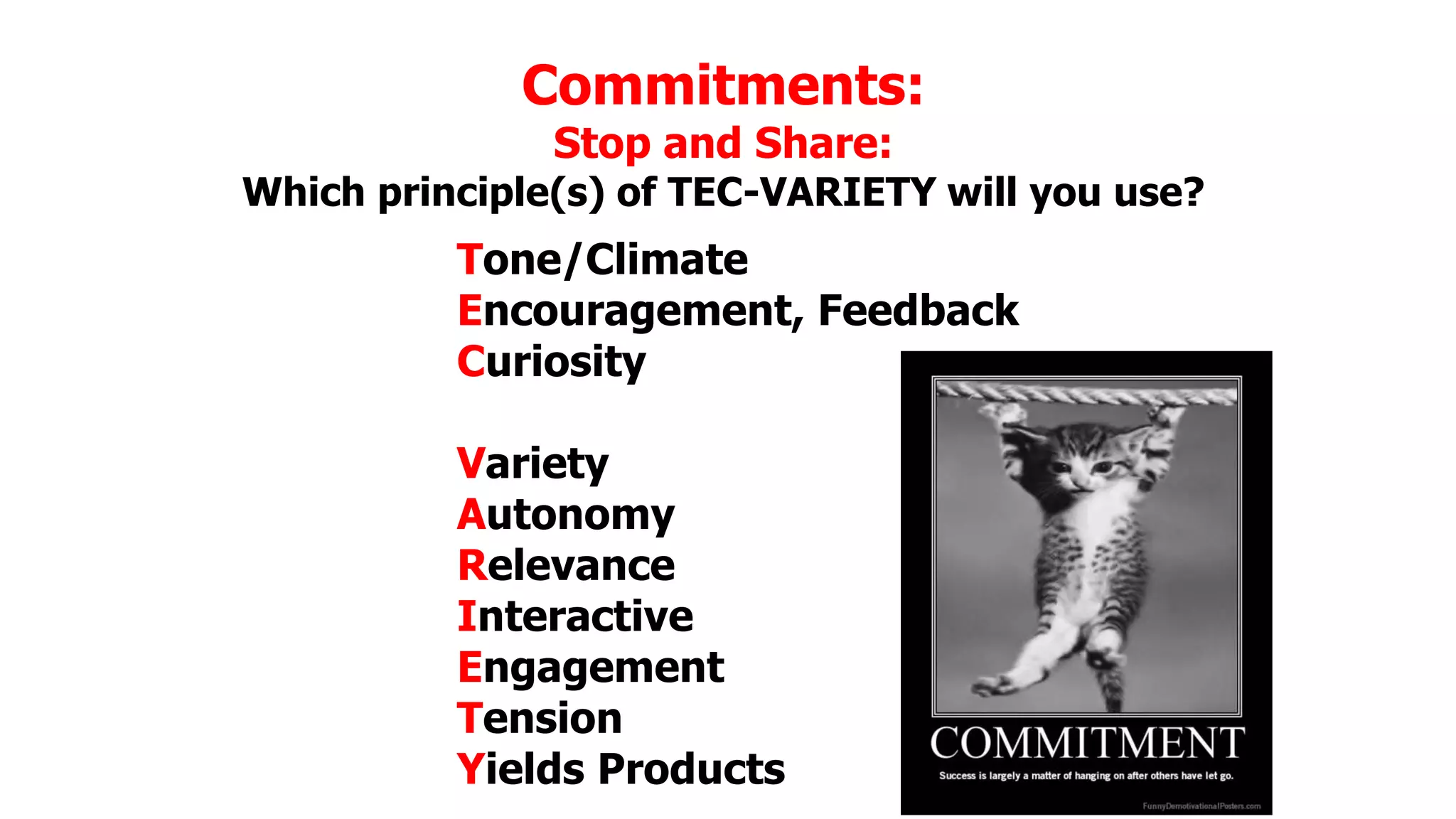 Commitments:
Stop and Share:

Which principle(s) of TEC-VARIETY will you use?

Tone/Climate
Encouragement, Feedback
Curiosity
Variety
Autonomy
Relevance
Interactive
Engagement
Tension
Yields Products

 