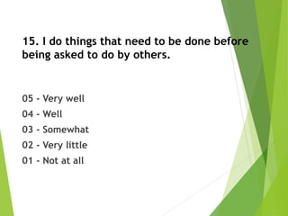 15. I do things that need to be done before
being asked to do by others.
05 - Very well
04 - Well
03 - Somewhat
02 - Very little
01 - Not at all
 
