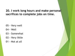 20. I work long hours and make personal
sacrifices to complete jobs on time.
05 - Very well
04 - Well
03 - Somewhat
02 - Very little
01 - Not at all
 