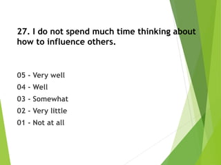27. I do not spend much time thinking about
how to influence others.
05 - Very well
04 - Well
03 - Somewhat
02 - Very little
01 - Not at all
 