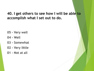 40. I get others to see how I will be able to
accomplish what I set out to do.
05 - Very well
04 - Well
03 - Somewhat
02 - Very little
01 - Not at all
 