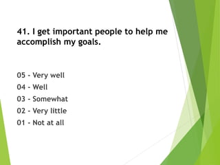 41. I get important people to help me
accomplish my goals.
05 - Very well
04 - Well
03 - Somewhat
02 - Very little
01 - Not at all
 