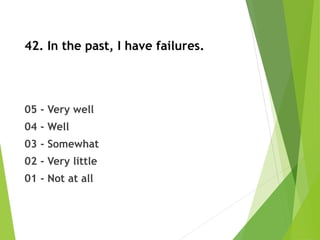 42. In the past, I have failures.
05 - Very well
04 - Well
03 - Somewhat
02 - Very little
01 - Not at all
 