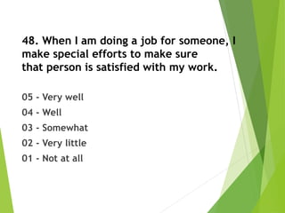 48. When I am doing a job for someone, I
make special efforts to make sure
that person is satisfied with my work.
05 - Very well
04 - Well
03 - Somewhat
02 - Very little
01 - Not at all
 