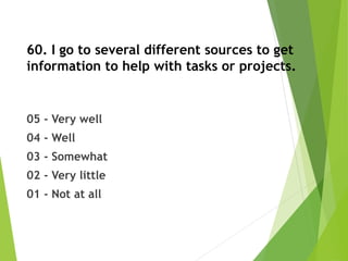 60. I go to several different sources to get
information to help with tasks or projects.
05 - Very well
04 - Well
03 - Somewhat
02 - Very little
01 - Not at all
 