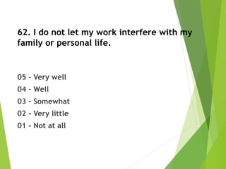62. I do not let my work interfere with my
family or personal life.
05 - Very well
04 - Well
03 - Somewhat
02 - Very little
01 - Not at all
 