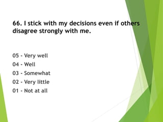 66. I stick with my decisions even if others
disagree strongly with me.
05 - Very well
04 - Well
03 - Somewhat
02 - Very little
01 - Not at all
 