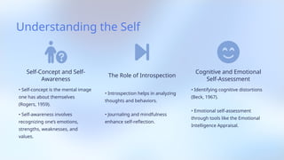 Understanding the Self
Self-Concept and Self-
Awareness
• Self-concept is the mental image
one has about themselves
(Rogers, 1959).
• Self-awareness involves
recognizing one’s emotions,
strengths, weaknesses, and
values.
The Role of Introspection
• Introspection helps in analyzing
thoughts and behaviors.
• Journaling and mindfulness
enhance self-reflection.
Cognitive and Emotional
Self-Assessment
• Identifying cognitive distortions
(Beck, 1967).
• Emotional self-assessment
through tools like the Emotional
Intelligence Appraisal.
 