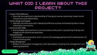 • Impact of Good Manners
⚬
• Survey Design and Analysis
⚬
• Communication Skills
⚬
• Personal Growth
⚬
• Project Management:
⚬
Agenda Page
 